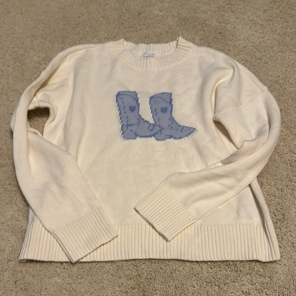 Abercrombie Kids Cream Sweater with Blue Boot Design